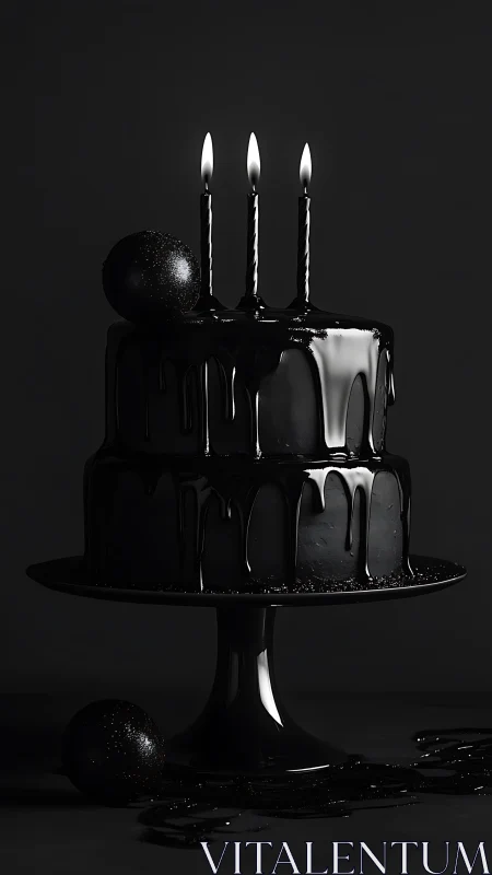 Dark Celebration Cake With Three Flickering Candles and Ornaments