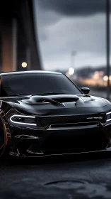 Sleek black muscle car glows under moody urban twilight.