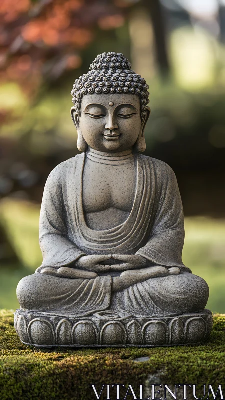 Stone Buddha statue seated in lotus pose outdoors.