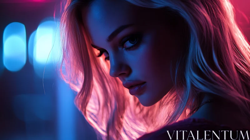 Moody neon portrait glows with soft pink and blue light