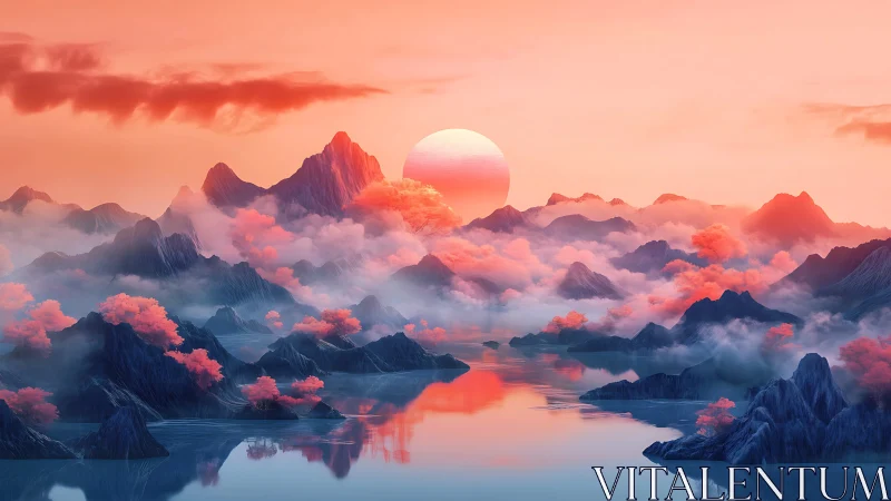 Layered mountain lake at low sun under pink cloud field.