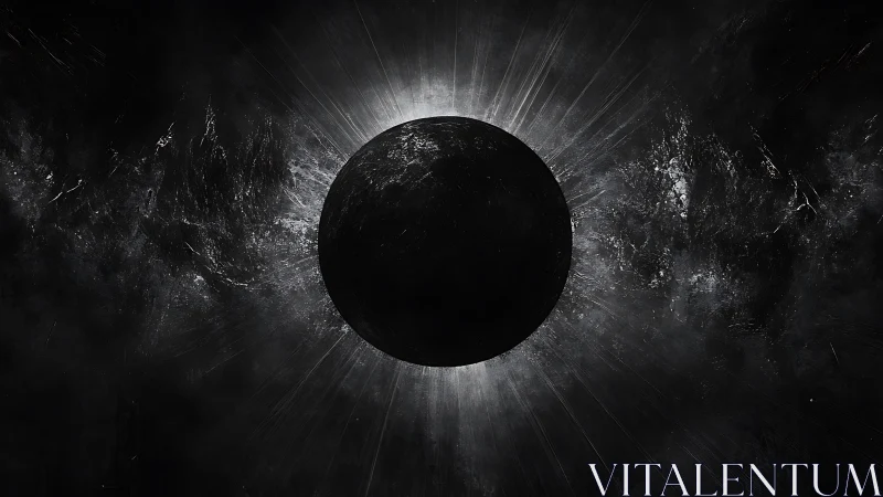 Radial-lit dark celestial sphere framed by high-contrast halo