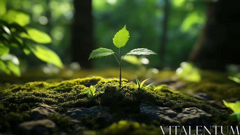 Young Seedling Growing in Sunlit Forest, Nature Photography Style.