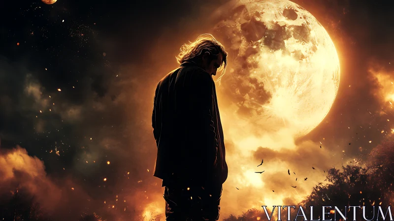 Solitary figure before a blazing full moon in smoke.