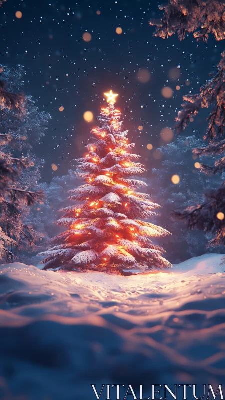 Snow-laden Christmas fir tree radiates warm bokeh-lit illumination