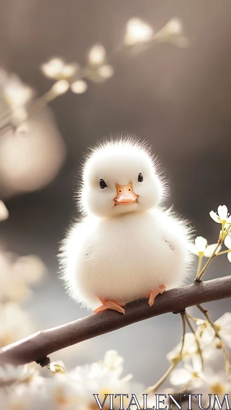Fluffy white waterfowl chick with orange beak perched on branch surrounded by soft bokeh