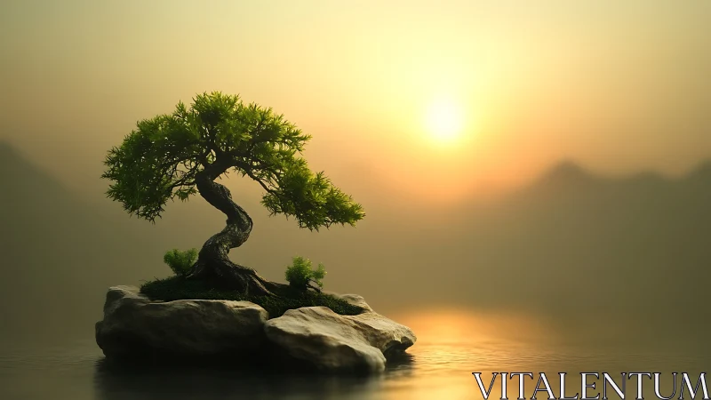 Lone bonsai tree bends over still water at hazy sunset