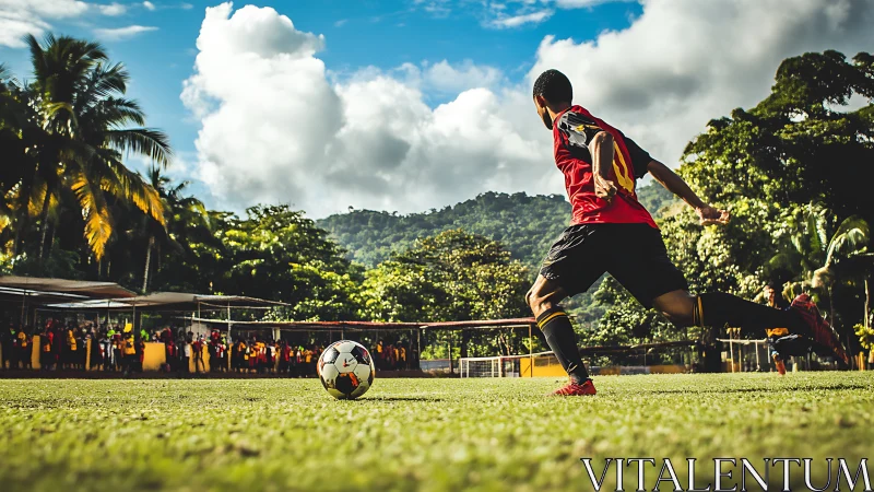Joyful village soccer match unfolds on a sunny tropical field