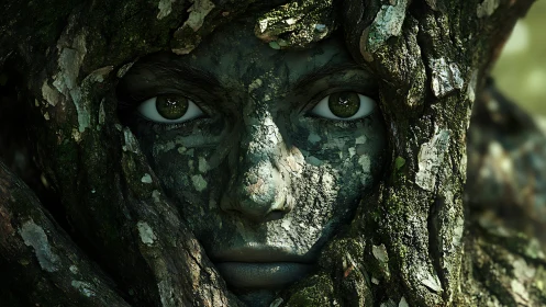 Gentle forest spirit watching quietly from living bark.