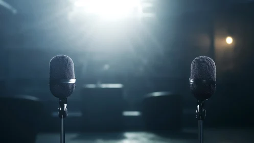 Studio microphones under dramatic backlight in empty stage