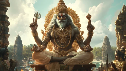 Divine sage seated before sunlit temple skyline in gold.