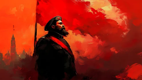 Revolutionary commander beneath a blazing red standard.