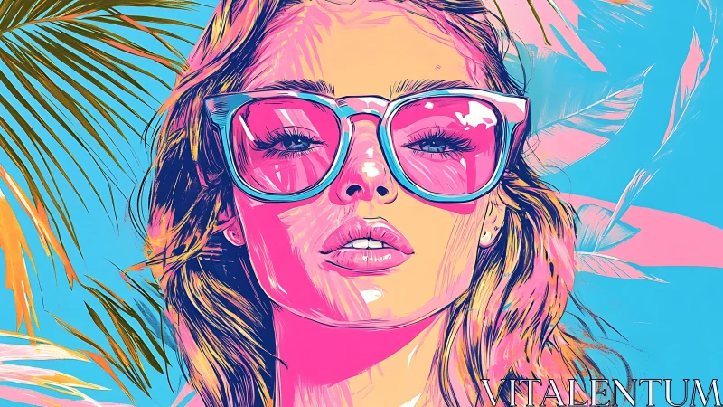 Stylized portrait of woman with sunglasses and palm leaves.