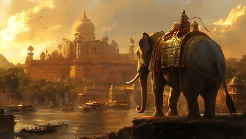 Regal armored elephant overlooks sunlit riverside palace