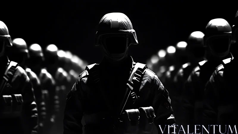 Silhouetted armored soldiers aligned in dark formation.