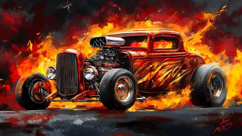 Blazing hot rod coupe roaring through a storm of vivid flames.