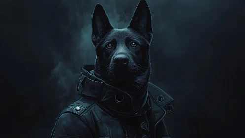 Lone cyber hound in tactical jacket under moody light.
