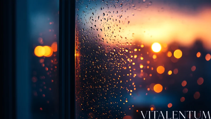 Optical bokeh field on rain‑streaked window at sunset twilight.