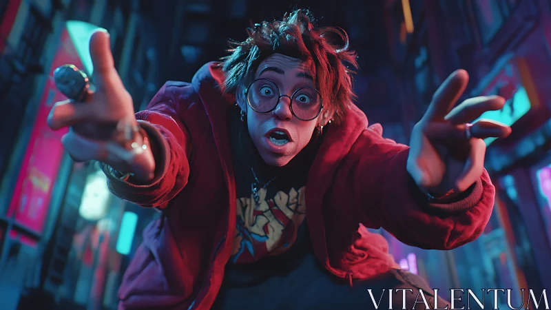 Street performer leans into lens under neon rim lighting.