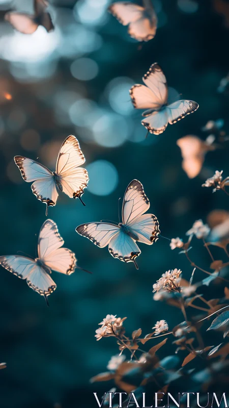 Luminous white butterflies drifting through teal bokeh dusk.