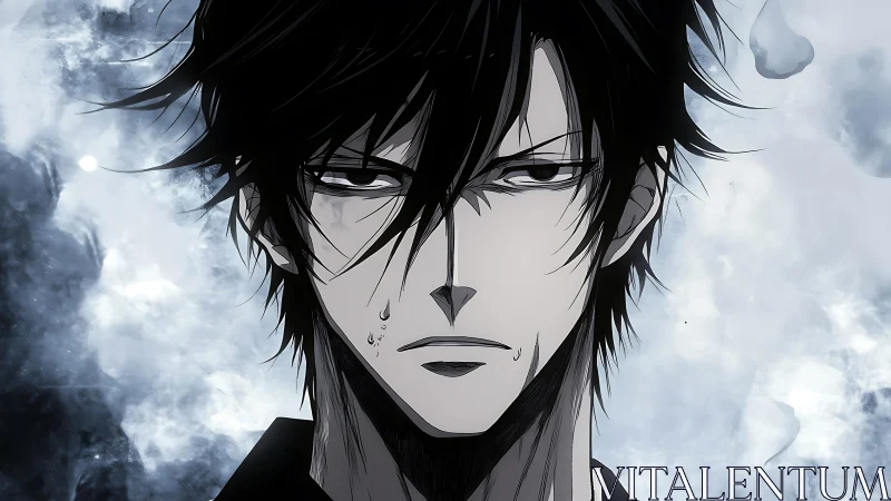 Brooding anime antihero under cold stormy sky.