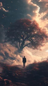 Solitary figure walks toward a luminous tree in swirling clouds.