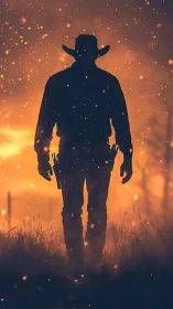 Cowboy silhouette strides through ember-lit sunset haze.