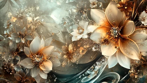 Gilded dream blossoms swirling through jeweled misted light.