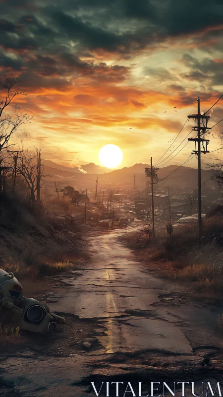 Post-apocalyptic rural highway at sunset, digital painting composition.