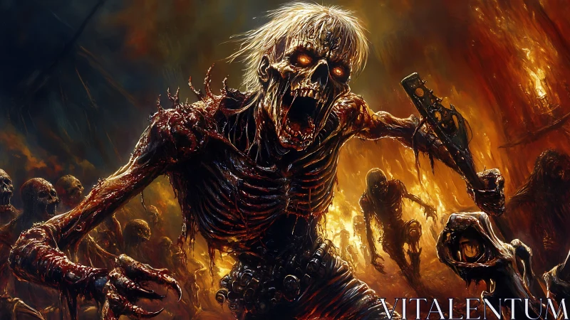 Burning skeletal horde storms infernal battlefield in flame.