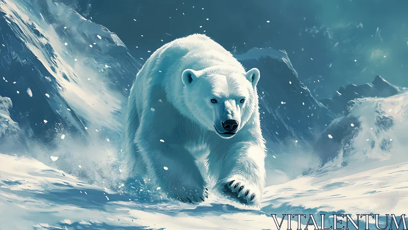 Blizzard king bear charges across moonlit arctic wilds.