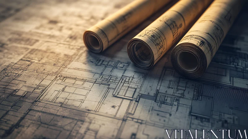 Rolled architectural blueprints positioned on layered construction floor plans