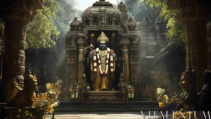 Hindu deity statue stands within ornate sunlit stone sanctum