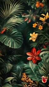 Dense tropical foliage with bold red and yellow flowers.