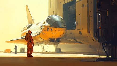 Space shuttle on launch pad with suited astronauts present.