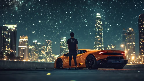 Man with orange sports car facing illuminated night skyline.