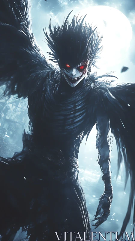 Moonlit demon grins beneath ragged wings and burning eyes.