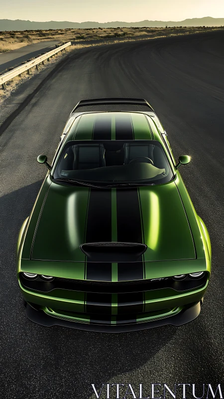 Green muscle car on open desert curve at sunset.