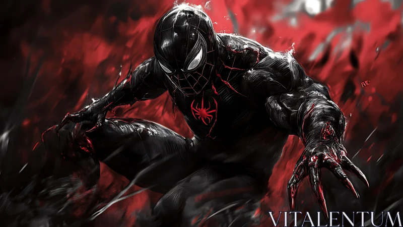 Dynamic comic-style spider hero in kinetic red-black field.