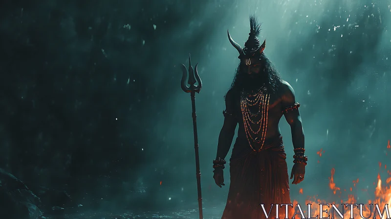 Backlit horned warrior with trident framed by atmospheric flames