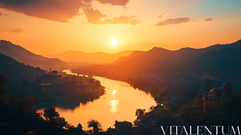 Sunlit river winds through tranquil mountain town at dusk.