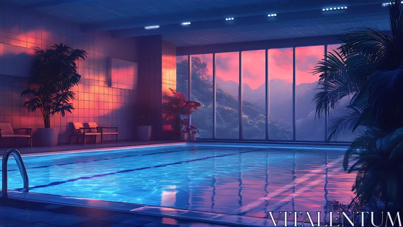 Indoor pool reflects neon dusk over distant misty mountains