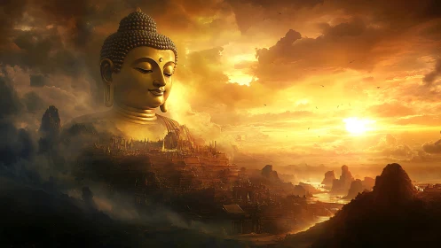 Colossal golden Buddha above misty city at radiant sunset.