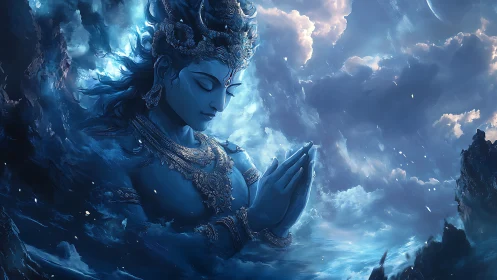 Serene blue deity rests in prayer within swirling starlit clouds
