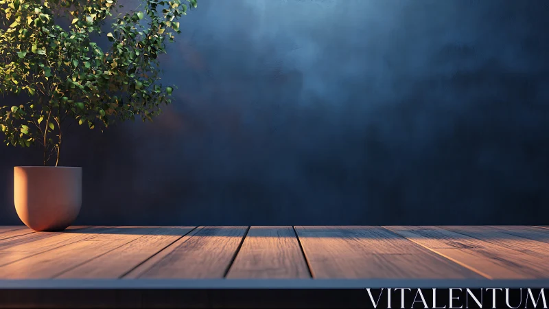 Sunlit potted tree casting calm over wooden tabletop stillness.