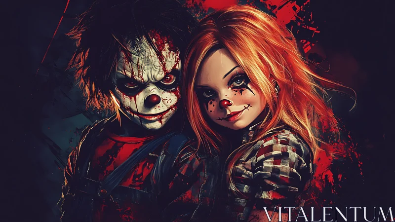 Bloodstained killer clown duo stare directly at the viewer