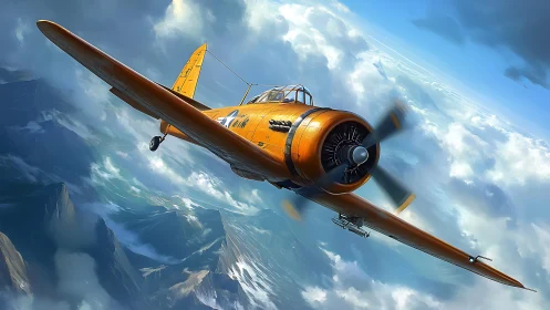 Golden warbird slicing stormlit skies in bold ascent.