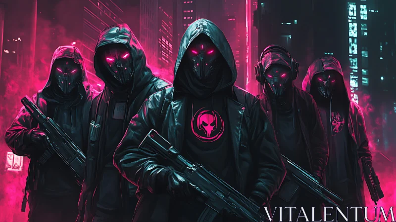 Neon masked street squad glowing in a moody cyber city.