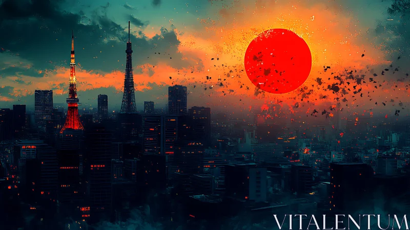 Urban skyline under large red sun with scattered debris.