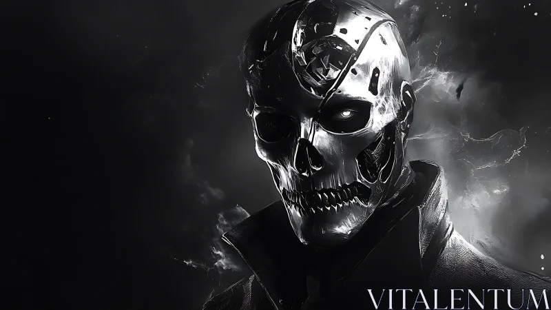 Chrome skull sentinel stalks the void in stormlit shadow.